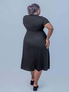 CurvyTilda Damen Kleid in Große Größen, Sommer Outfit leok, einfarbig, mit Taillengurt, A-Linie (mit Taschen), langarm - Schwarz - Übersicht 2