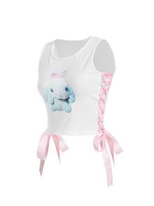 ROMWE Kawaii Women'S Cartoon Printed Side Crossed Strap Tank Top - White - View 2