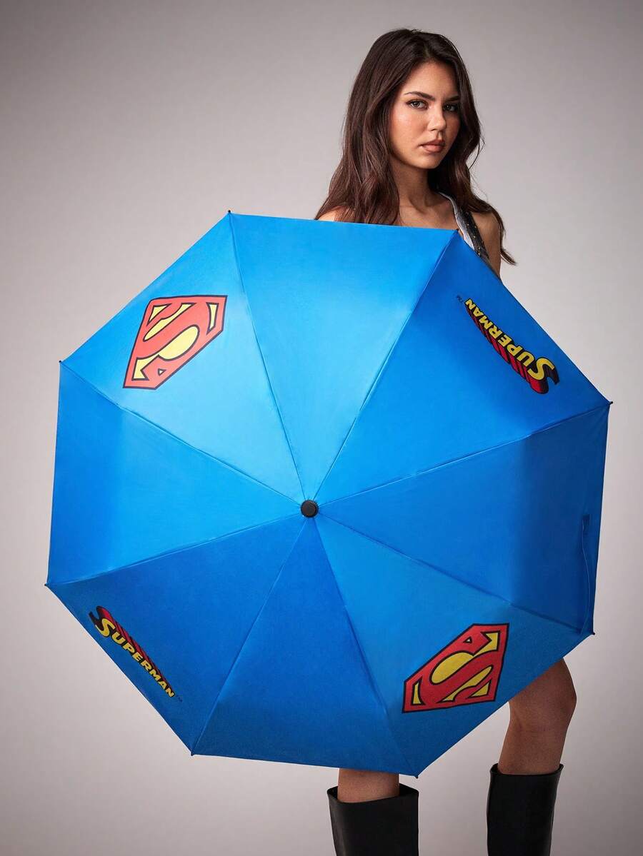 SUPERMAN X SHEIN 1把印有正义联盟标志的雨伞,UPF 50+ 防紫外线,适合学校、工作、户外和日常使用,专为大学生、高中生、男女设计。 - 藍色 - 查看 1