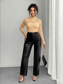 Rafferiza Women's Elegant Solid Color Lace Collar Sheer Sexy T-Shirt - Apricot - View 3