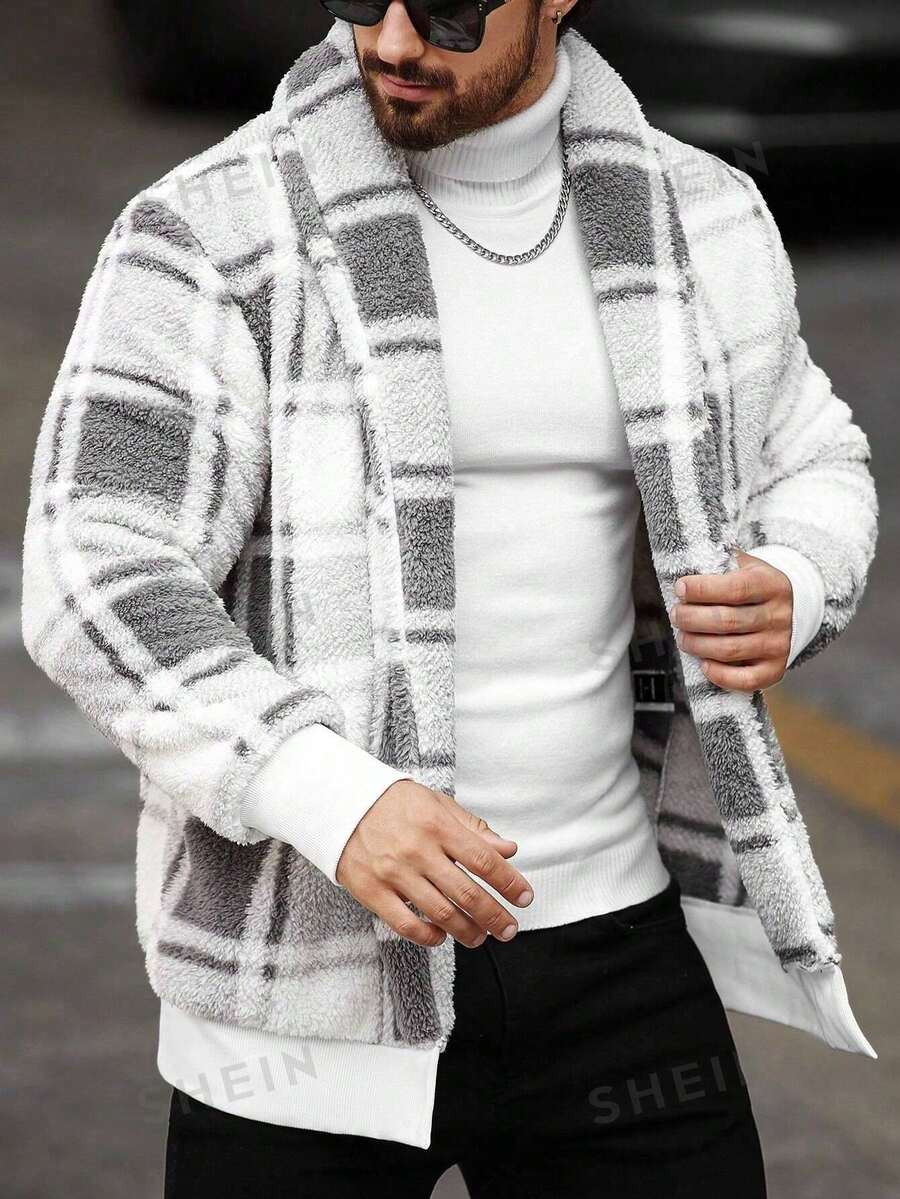 Manfinity Homme 男士休闲简约风格夹克,适合日常穿着,男士夹克,适合圣诞节、新年假期、聚会、晚宴、秋冬季男士都市保暖夹克格子彩色长袖美式夹克,适合朋友、丈夫、男朋友的礼物 - 彩色 - 查看 1