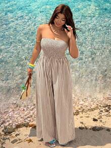 SHEIN EZwear 大尺碼女款白色抓皺平口休閒日常連身褲，適合海灘度假夏季穿著 - 卡其色 - 查看 3