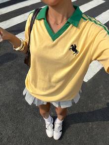 Muchica 女款對比色刺繡 Polo 衫，夏季日穿黃色街頭風上衣 - 彩色 - 查看 5