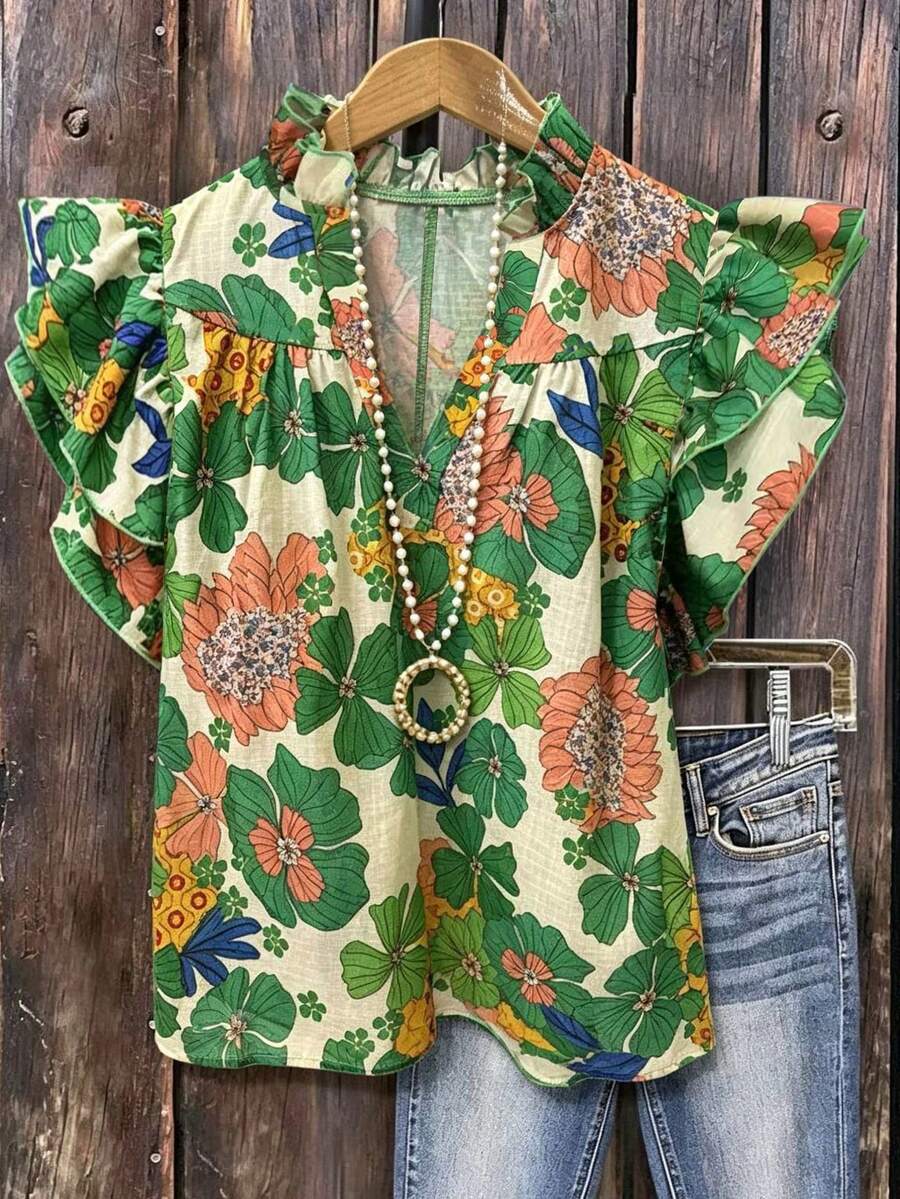 Linhara A Large-Sized Pleated V-Neck Floral Shirt With Flowing Sleeves, Perfect For Summer Vacations - Green - View 1