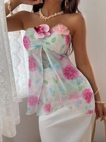 Cévolie Women's Floral Strapless Top With 3D Flowers,White,Summer,Tropical,Garden Party Golf,Holiday,Vacation,Fitted French Sweet Casual Sexy Top - Multicolor - View 3