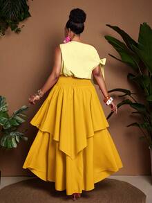 Maweii Plus Size Tie-Front Sleeveless Contrast Color Casual Romantic Dress - Yellow - View 6