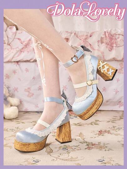 Dola Lovely Women Shoes Light Blue Round Toe Wedge Heel Thick Bottom Mary Jane Sweet And Cute, Lolita Wear JK Wear, Birthday Party Wear