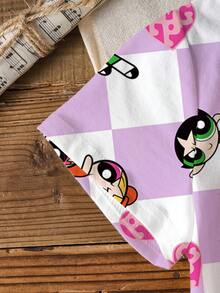 THE POWERPUFF GIRLS X SHEIN 女童休闲格子卡通印花T恤，夏季 - 白色 - 查看 7