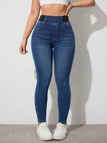 SHEIN Tall Quần jeans nữ cạp cao, cạp chun co giãn, kiểu dáng ôm sát, thích hợp cho mùa hè, công sở và sinh hoạt hàng ngày. Quần jeans nữ cạp cao, dáng ôm, chất liệu co giãn thoải mái, màu tối, thích hợp cho mùa thu/đông. - Màu xanh lam - Xem 7