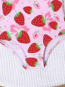 Traje de baño de una pieza con estampado de fresa y floral lindo para bebé niña, ideal para vacaciones de verano en la playa - Rojo - Ver 4
