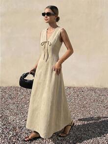 Livesso Đầm denim midi dáng suông, rộng rãi, thanh lịch, thích hợp cho mùa xuân và hè, phong cách Bohemian, thường ngày, đi nghỉ mát, du lịch, nghỉ mát, đi biển, công sở, dành cho nữ. - Màu be - Xem 1
