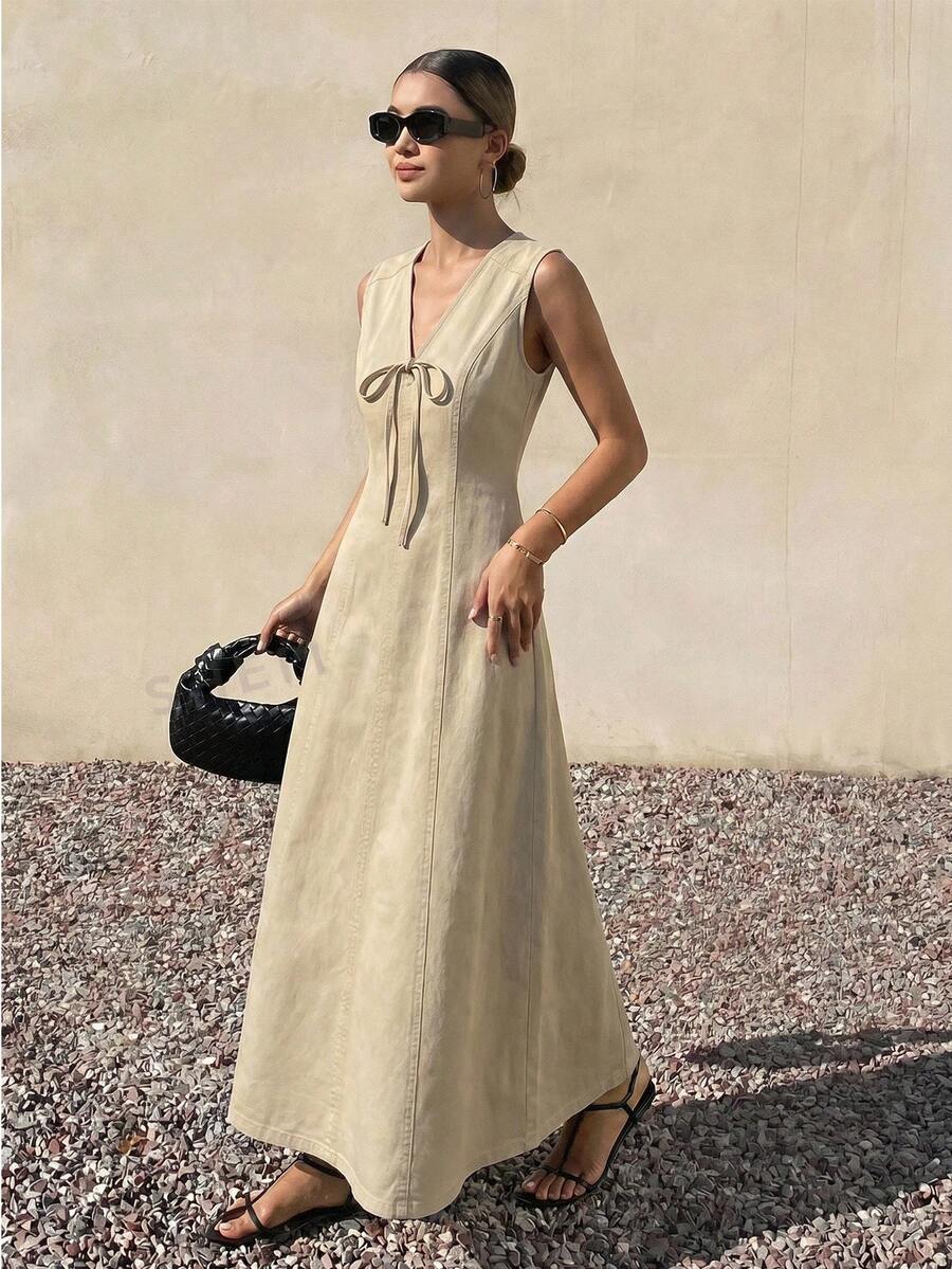 Livesso Đầm denim midi dáng suông, rộng rãi, thanh lịch, thích hợp cho mùa xuân và hè, phong cách Bohemian, thường ngày, đi nghỉ mát, du lịch, nghỉ mát, đi biển, công sở, dành cho nữ. - Màu be - Xem 1