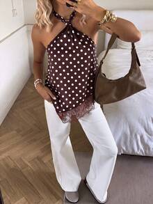 SHEIN PariChic Elegantes Damen Spitzen-Patchwork Top mit Punkt Muster und rückenfrei Träger, Sommer - Mokka-Braun - Übersicht 7