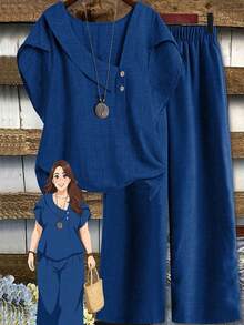 Linhara Plus Size Women's Spring/Summer Asymmetrical Collar Floral Puff Sleeve Regular Shirt + Elastic Waist Loose Casual Pants 2-Piece Set - Royal Blue - View 1