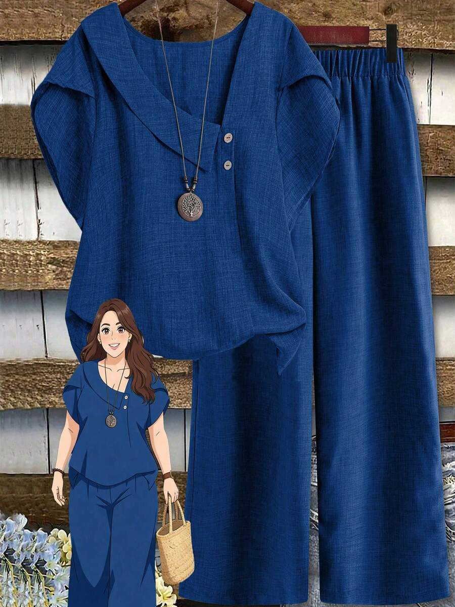 Linhara Plus Size Women's Spring/Summer Asymmetrical Collar Floral Puff Sleeve Regular Shirt + Elastic Waist Loose Casual Pants 2-Piece Set - Royal Blue - View 1