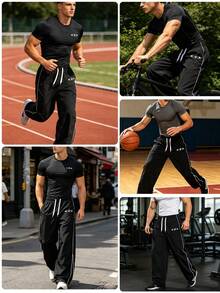 GymBeat Quần thể thao nam màu đen kẻ sọc bên hông, kiểu dáng tối giản, ống rộng suông, phong cách đường phố hiện đại, quần jogger ống rộng đa năng kiểu Mỹ. - màu đen - Xem 7