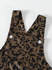 Kleine Mädchen Spielerischer & süßer Stil Kleinkind Latzhose, saisonal, kaffeebraun, schwarze Schleife Dekoration an den Seiten, braune Basis schwarzer Leoparden Muster Design, locker gerade Bein Latzhose, Cord Stoff, weich & bequem, geeignet für Schule, Pendeln, täglichen Outdoor-Einsatz - Kaffeebraun - Übersicht 4
