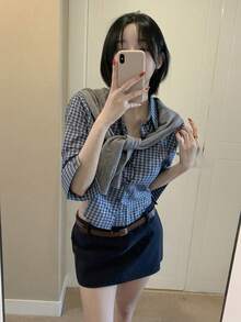 DAZY 女士时尚休闲格子印花纽扣短款衬衫 - 藍色 - 查看 9