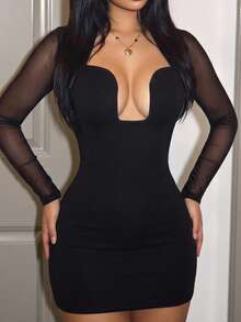 Slaydiva 2025 Neues elegantes, sexy Neckholder-Mesh-Bodycon-Minikleid, geeignet für Party, Geburtstag, Bar, Nachtclub, Valentinstag, Halloween, Weihnachten - Rot - Übersicht 3