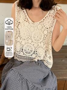 FRIFUL Blusa de punto holgada sin mangas de cuello en V informal para mujer - Beis - Ver 1