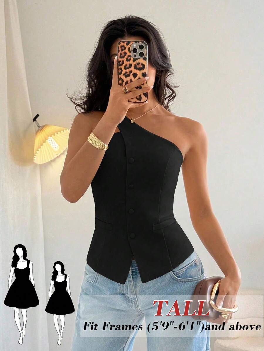 SHEIN Tall 女款無袖露背優雅通勤百搭上衣,附內裡,夏季社交上衣,適合高個女性 - 黑色 - 查看 1