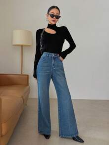 DAZY Cut Out Asymmetrical Neck Tee Going Out Tops,Fall Clothes Long Sleeve Women Tops Turtleneck Women - Black - View 4