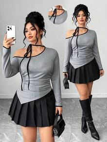 Elenzga Áo thun tay dài viền bất đối xứng họa tiết khối màu cỡ lớn dành cho nữ kèm dây đeo nơ - Màu xám đen - Xem 1