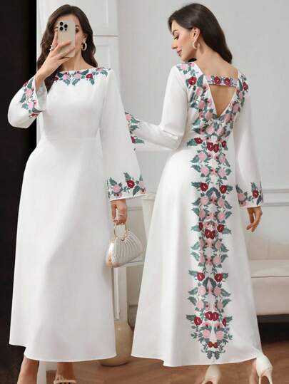 Al Najma Vestido elegante de mujer con estampado floral, cuello redondo y espalda descubierta, estilo árabe