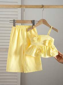 Babygirl Cute Vacation Casual Striped Bow Decor Camisole & Elastic Waist Pants Set - Yellow - View 1