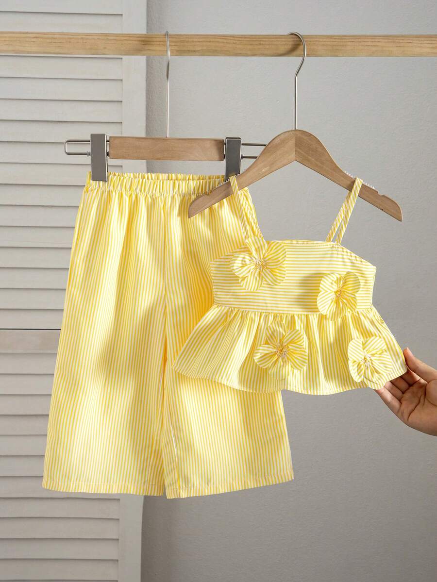 Babygirl Cute Vacation Casual Striped Bow Decor Camisole & Elastic Waist Pants Set - Yellow - View 1