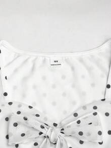 SHEIN Áo dài tay mỏng, thắt nơ phía trước, in chấm bi dành cho bé gái tuổi teen - Đen và trắng - Xem 5