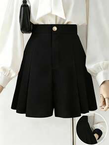 GlowEve CURVE Plus Size Pleated Casual Wide Leg Shorts - Black - View 1