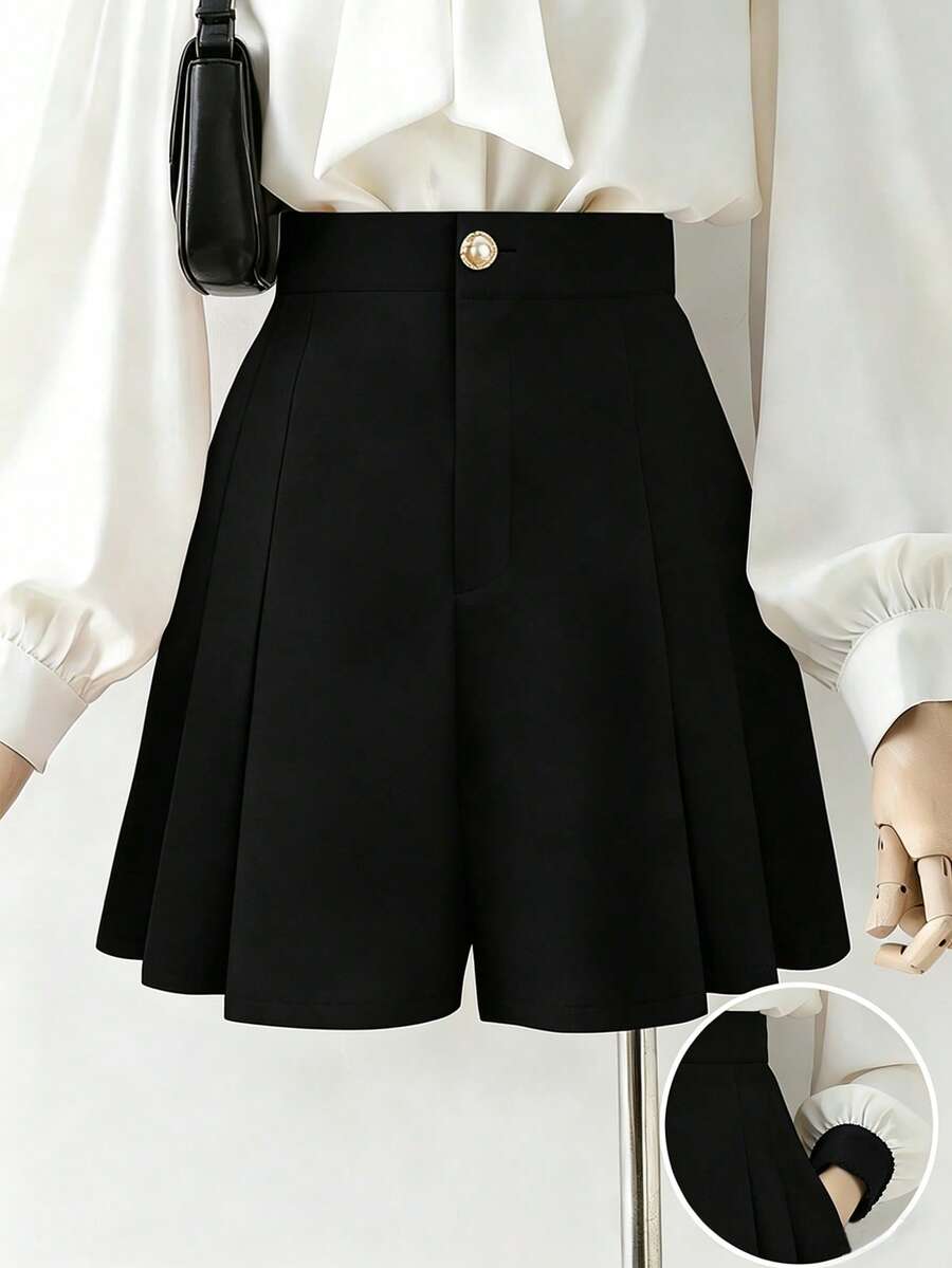GlowEve CURVE Plus Size Pleated Casual Wide Leg Shorts - Black - View 1