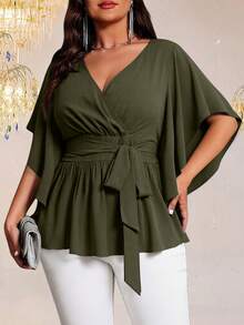 SHEIN Clasi Áo kiểu nữ cỡ lớn màu trơn ôm sát cổ chữ V tay loe thắt eo vạt bèo nhún, thanh lịch, thích hợp cho tiệc tùng thường ngày. - xanh quân đội - Xem 1
