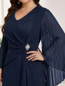 Reflora Plus Size Women V-Neck Faux Pearl Decor Ruched Casual Elegant Party Dinner Formal Wedding Guest Dress Navy Blue Autumn Fall - Navy Blue - View 10