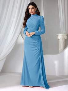 Coutiva Đầm dạ hội dài cổ đứng đính ngọc trai giả dành cho nữ - Màu xanh nhạt - Xem 5