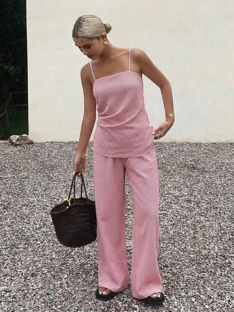 2pcs Vacation Casual Solid Color Camisole & Pants Set