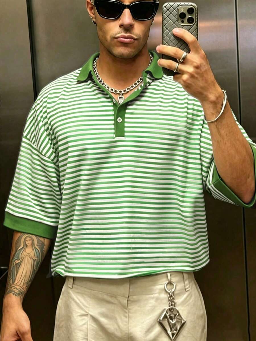 Manfinity Dauomo Men's Striped Patchwork Casual Versatile Daily Wear T-Shirt - Green - View 1