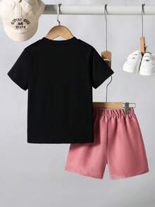 SHEIN Streecool Kids 男童热带椰树印花短袖T恤和短裤套装，休闲度假及日常穿着 - 黑色 - 查看 3