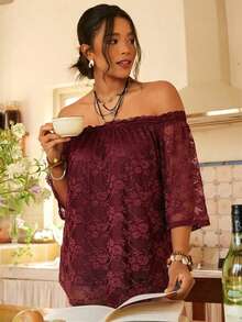 Freevana Elegante Spitzen-Bluse mit transparenten Schultern in Große Größen, Sommer, Off-Shoulder - Bordeaux - Übersicht 7