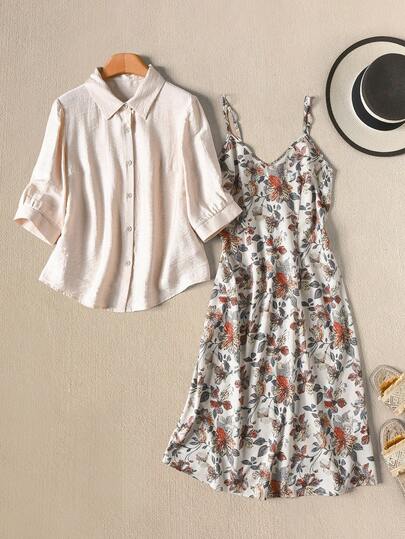 Rusticease 2pcs/Set Women Solid Color Button-Up Shirt And Floral Print Camisole Dress