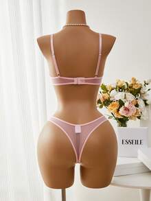 Esselle 2 chiếc Màu Hồng Lãng Mạn Dễ Thương Lưới Thêu Hoa Áo Ngực Gợi Cảm & Quần Lót Bộ Đồ Lót Ren - Hồng - Xem 2