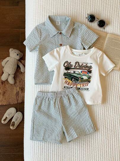 SHEIN Bộ 3 món gồm: Bộ đồ hè phong cách thường ngày dễ thương cho bé trai - Áo sơ mi ngắn tay kẻ sọc, quần short cạp chun và áo thun dệt kim.