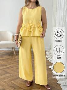 SHEIN LUNE 大码休闲纯色3D立体花卉装饰背心和裤子两件套 - 黃色 - 查看 7