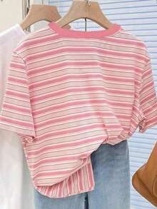 少女粉色夏季校園T恤，粉色與白色條紋西瓜刺繡圓領短袖上衣，可愛返校季上衣 - 彩色 - 查看 2