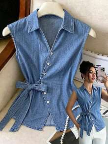 Modelyn CURVE 大尺碼純色圍裹繫帶無袖休閒牛仔上衣 夏季嘉年華服裝 通勤 度假 畢業 俐落 Y2k 可愛街頭風 甜美派對 婚禮 優雅商務休閒 女款經典牛仔無袖襯衫 領口設計 前繫帶 時尚夏季造型 - 藍色 - 查看 5