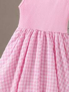 Elladie kids Đầm hồng không tay cho bé gái, phần thân trên dệt kim có điểm nhấn nơ, chân váy phồng kẻ caro, kiểu dáng ngọt ngào, thích hợp cho mùa xuân đến đầu mùa thu. - Hồng - Xem 6