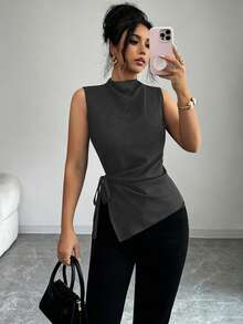 Elenzga Áo kiểu nữ không tay xếp ly vạt bất đối xứng thanh lịch, chất liệu vải giả denim, cổ cao, áo sơ mi xanh thời trang cho mùa xuân/hè. - màu đen - Xem 3