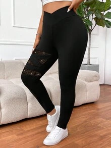 SHEIN PETITE CURVE 大码女式纯色基础款打底裤，撞色网纱透视打底裤，休闲、运动、春季、嘉年华穿着，黑色打底裤 - 黑色 - 查看 3