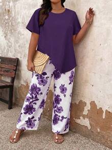 Breezaya Plus Size Solid Color Asymmetric Hem Short Sleeve Top And Floral Print Long Pants 2-Piece Set - Violet Purple - View 4